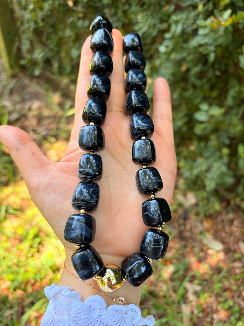 Statement Black Beaded Necklace with Gold Accent - Picture 3 of 5